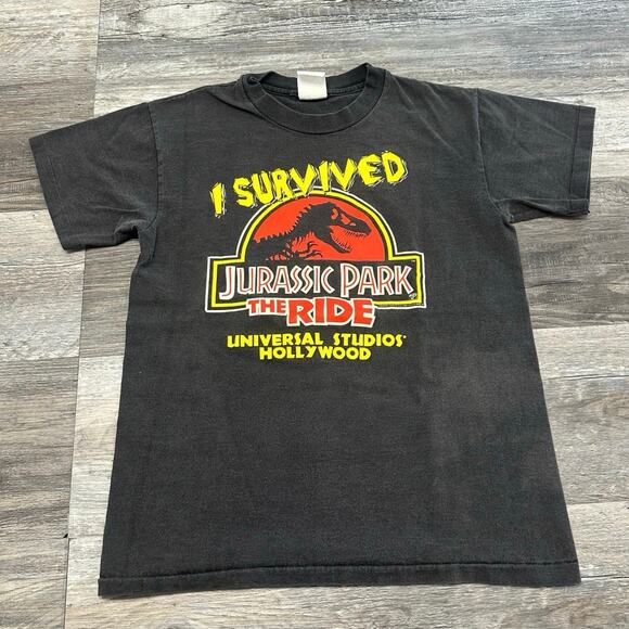 Vintage 90s Universal Studios I Survived Jurassic Park Black Women M T-Shirt USA - Picture 1 of 9